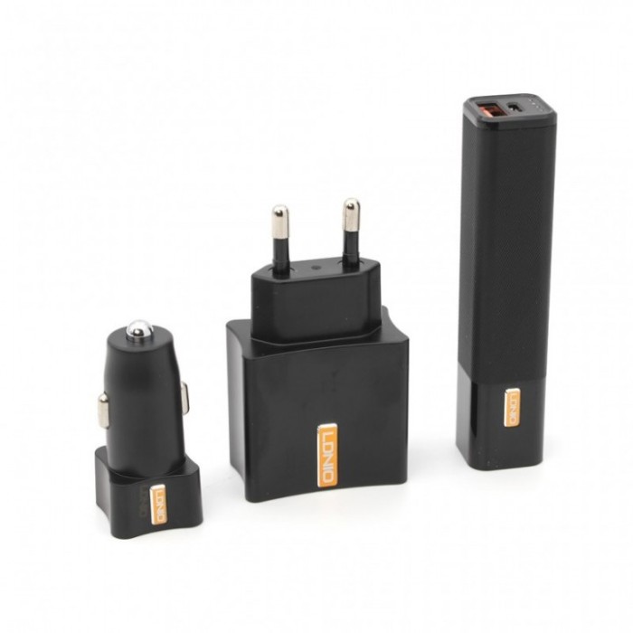 MOBILE CHARGING 3IN1 LDNIO TREVAL QUICK CHARGER & CAR  QUICK CHARGER & POWER BANK WITH CABLE CC200بكج شاحن سريع + شاحن سياره سريع + بوربانك مع كبل ,Smartphones & Tab Chargers
